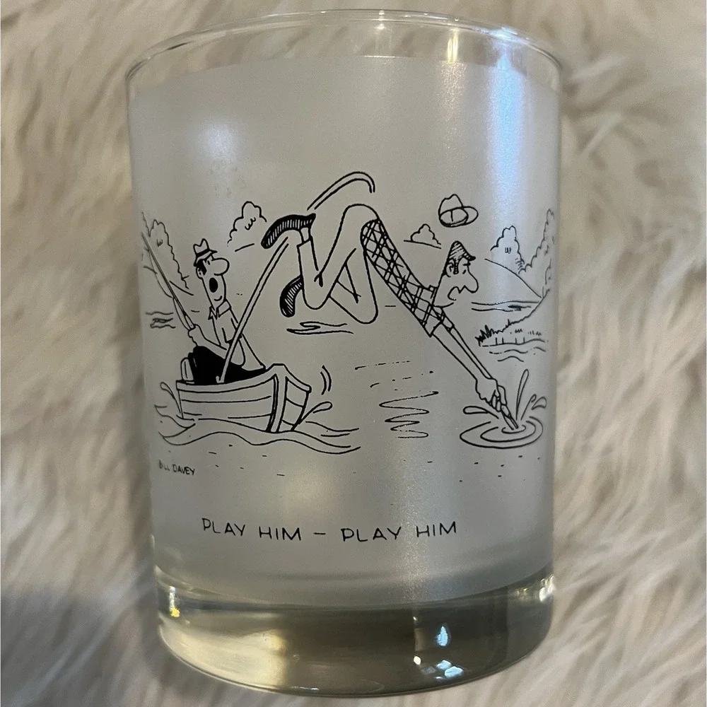 Vintage Bill Davey Fishing Cartoon Frosted Rocks Glasses Set of 4 Mid Century